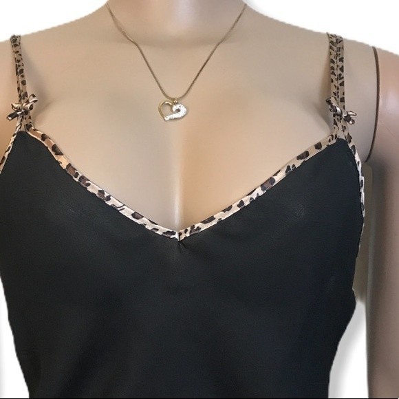 Black Cami Top Black Sheer V neck animal print trimmed bows Detailing size M - Picture 2 of 8